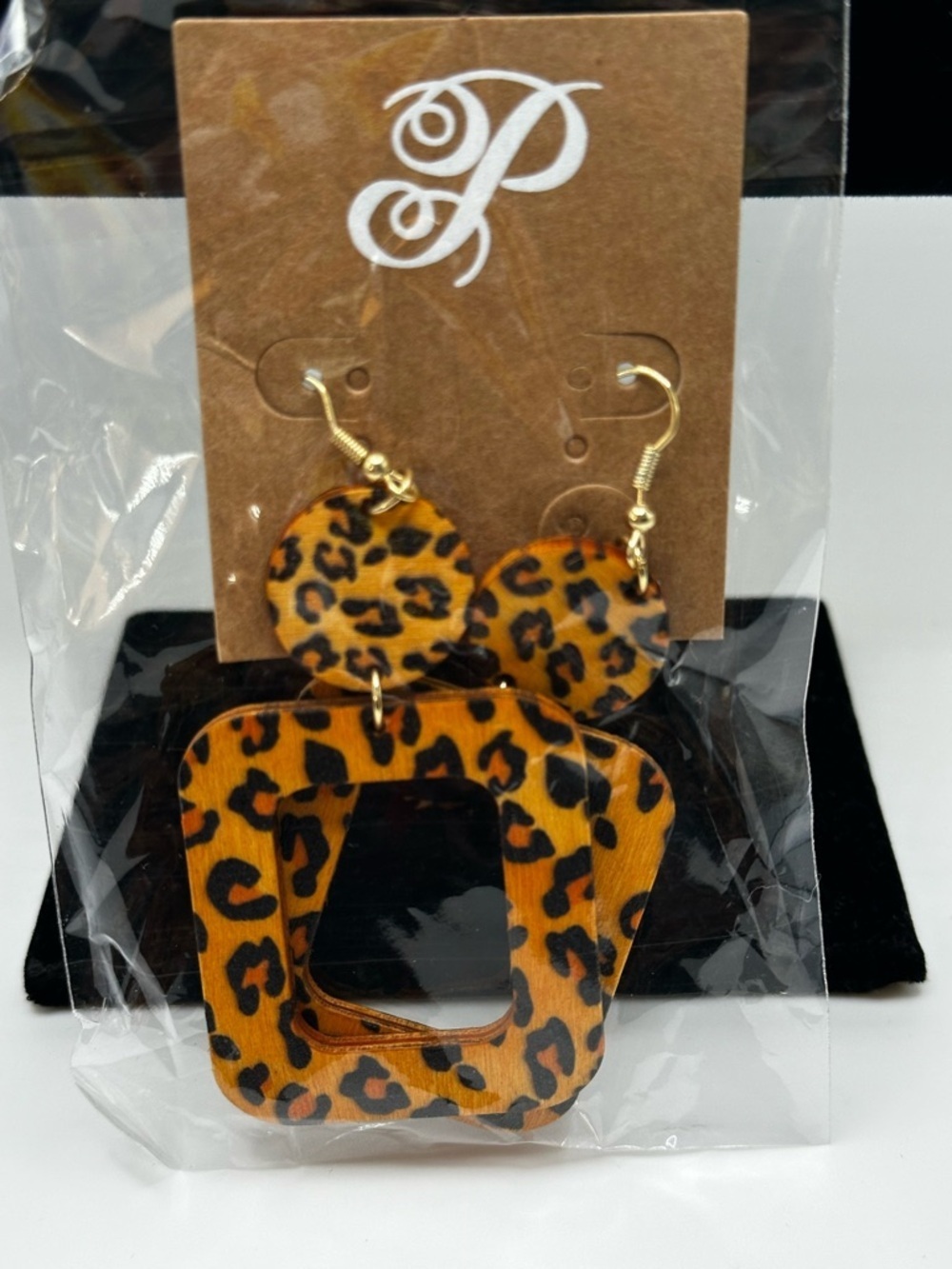 PLUNDER  Goldtone Square Casual Summer  Animal Print Dangling Earrings